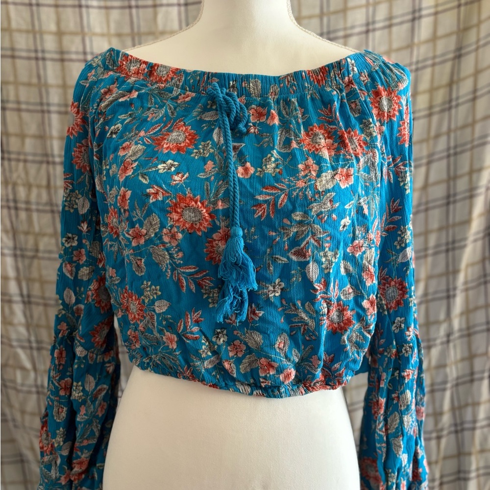 Xhilaration Floral Teal Off-Shoulder Blouse